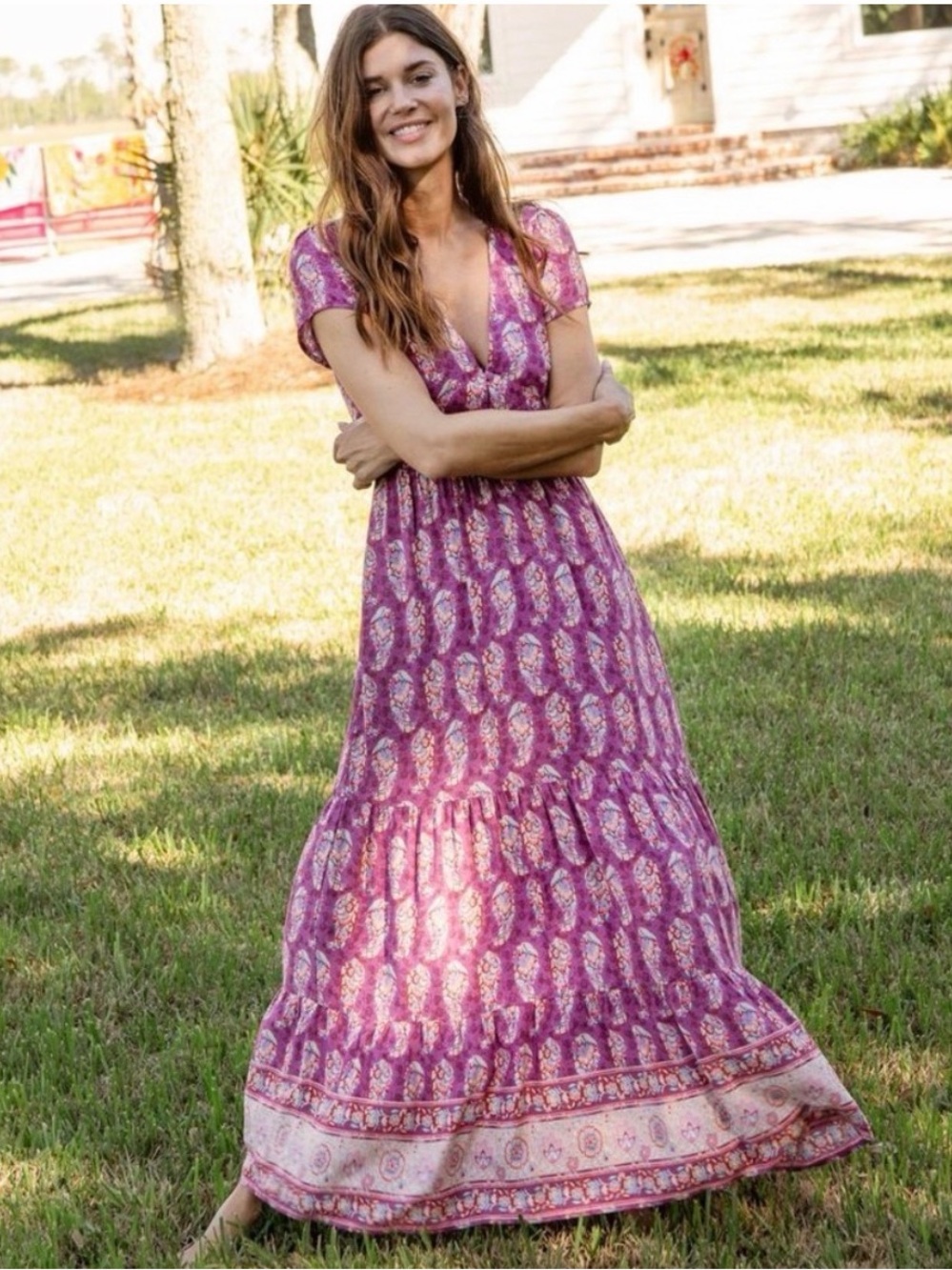NATURAL LIFE Magenta Paisley V-Neck Tiered Maxi Dress